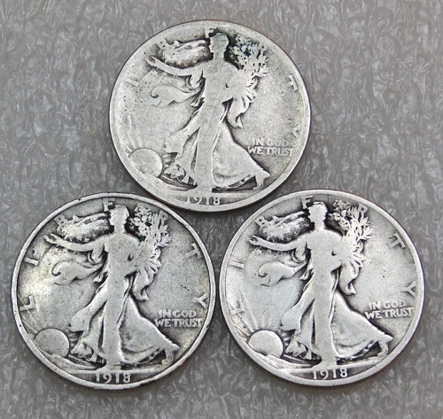1918 P, D, S Walking Liberty Silver Half Dollar lot of 3 coins in saflips #M177