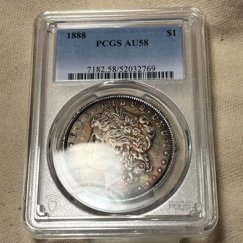 1888-P Better Date PCGS AU 58 Rainbow Color Toned Morgan Dollar Looks BU