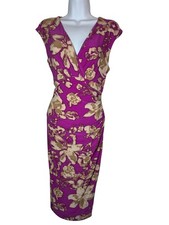 Lauren Ralph Lauren Magenta Beige Floral V-Neck Midi Sheath Dress Stretch 12