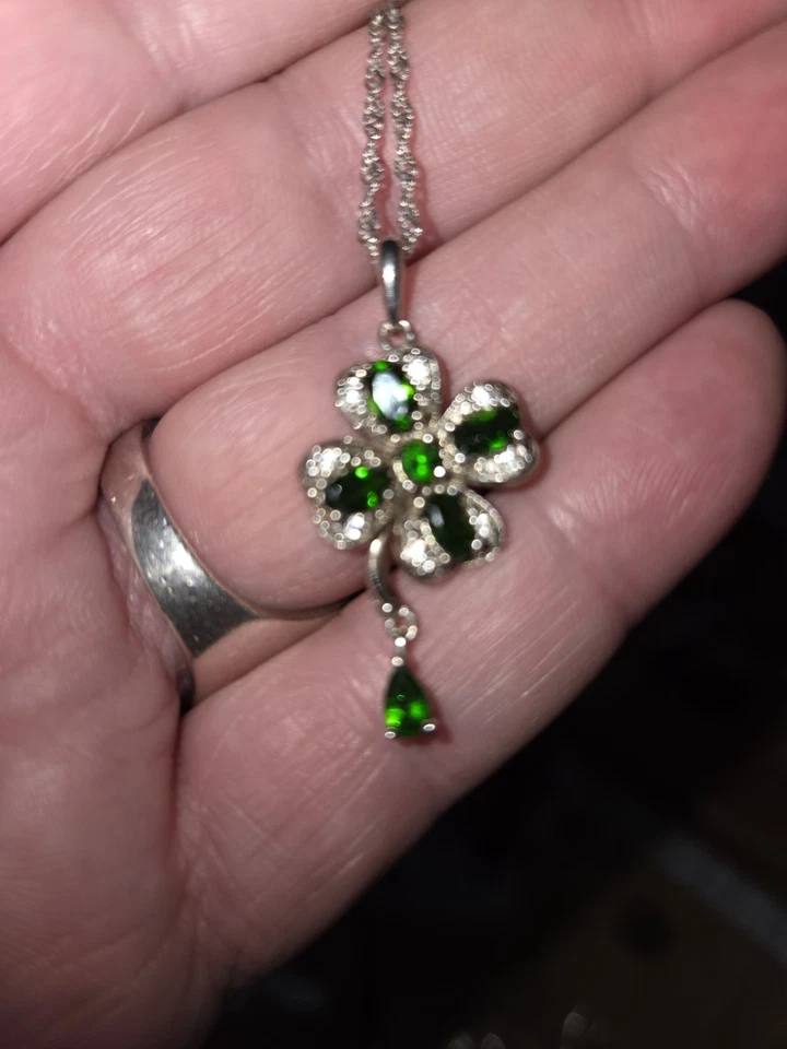 Russian Chrome Diopside 4 Leaf Clover Charm With Dangle 925 W/ Singapore Chain - Image 3 of 4