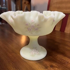 Fenton Uranium Custard Glass Ruffled Pedestal Candy Dish Hand Painted Signed