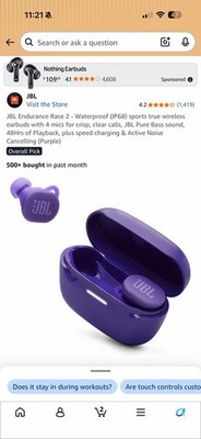 JBL Endurance Race 2 True Wireless Bluetooth In-Ear Earbuds Blue w/ Case