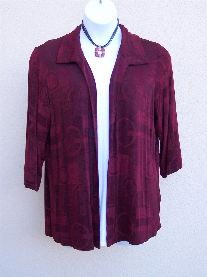 Vikki Vi Burgundy Wine cardigan jacket plus size 1x Geometric slinky knit topper - Image 2 of 4