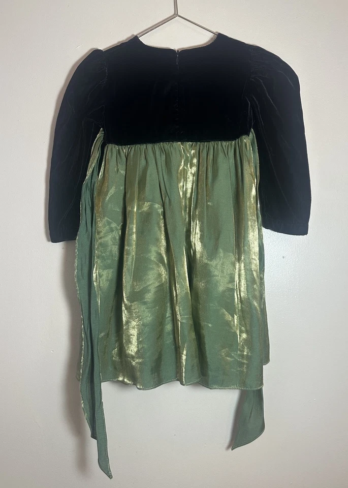 Vintage 3T Jinelle Dress Holiday Made In USA Black Velvet Green Satin Christmas - Image 3 of 4