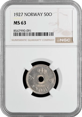 Norway 50 ore 1927, NGC MS63, "King Haakon VII (1906 - 1957)"