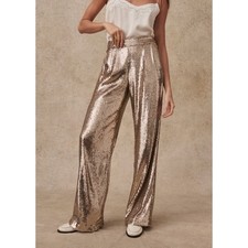 Sezane Aurilin Pleated Wide Leg Pants Palazzo Womens 4 36 Gold Lined Trousers