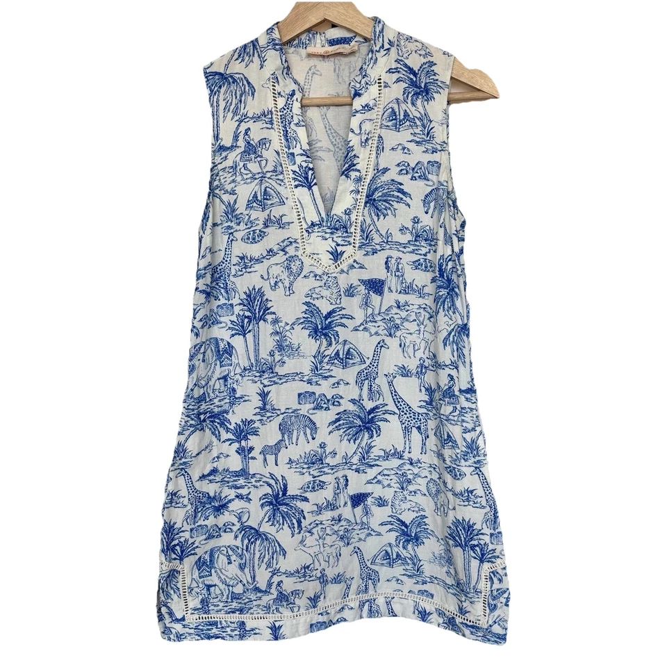 Vestido TORY BURCH mistura de linho XS ilha tropical praia resort animais boho*FLAWS - Imagem 2 de 4