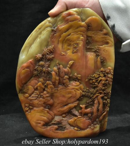 8.4" Chinese Natural Tianhuang Shoushan Stone Carved Mountain Tree Figure Seal