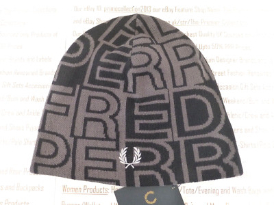 Fred Perry Tonal Jacquard Beanie Mütze Herren Allover Marke schwarz Kappe neu mit Etikett UVP £55