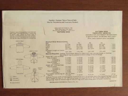 KWIK SEW PATTERN - 2058 TODDLER GIRLS BOYS JACKET HOOD FRONT ZIP TIES 1-4 UNCUT - Image 2 of 2