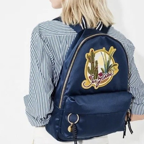 NWT See by Chloe Satin Cactus Patch Medium Backpack Dark Navy - Picture 13 of 13