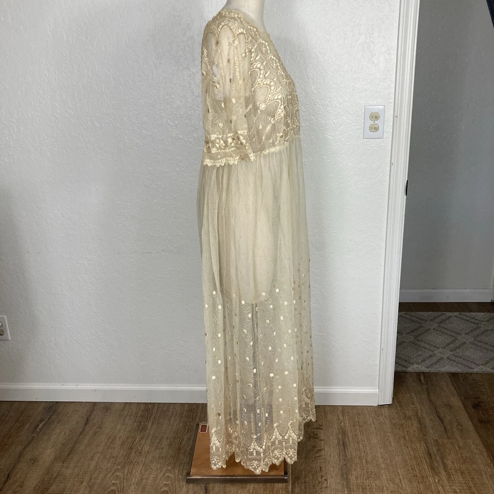Edwardian Tea Dress Beige Floral Lace Mesh Netting Short-Sleeve Empire Waist 57" - Image 4 of 4