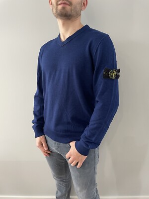 Auth Men's Stone Island Tricot Vintage Knit Neck Sweater Wool Blue ...