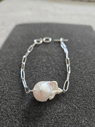 Sterling Silber Büroklammer Kette Armband mit großer Barock Perle wunderschön