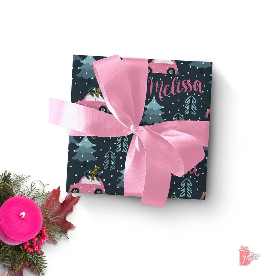Розовый рождественский автомобиль зимой снег с именем персонализированный подарок упаковка бумаги рулон - Изображение 2 из 4