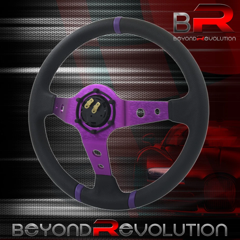 3 Spokes 350mm Universal Black PVC Leather Purple Aluminum Steering Wheel - Image 4 of 4