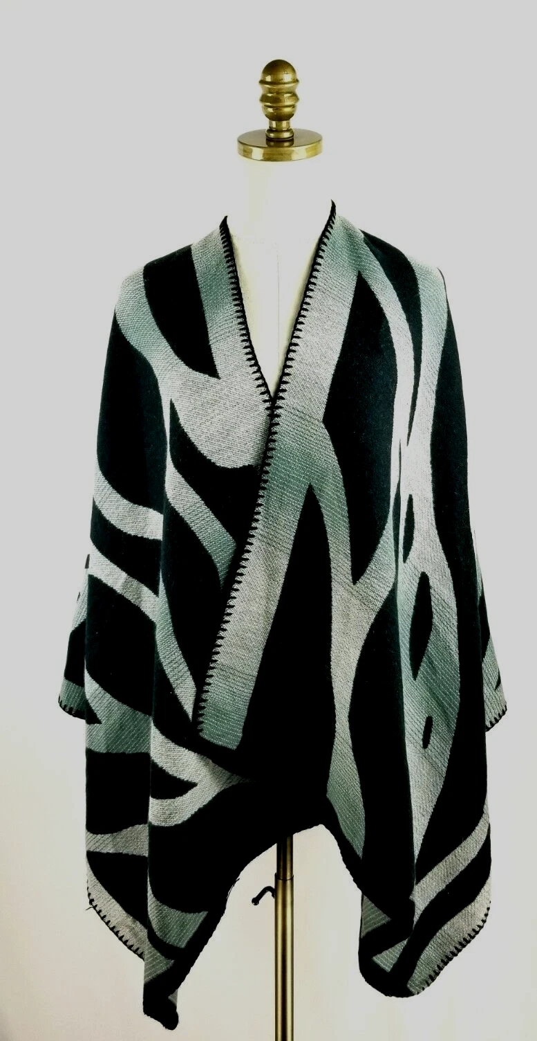 NWT Ming Wang Poncho Wrap Shawl Gray Black Oversized One Size
