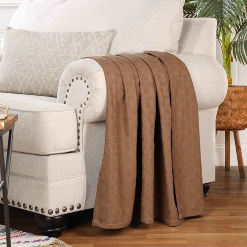 100% Cotton Thermal Basket Weave All Season Blanket Luxury Solid Sofa Bed Throw - Picture 129 of 147