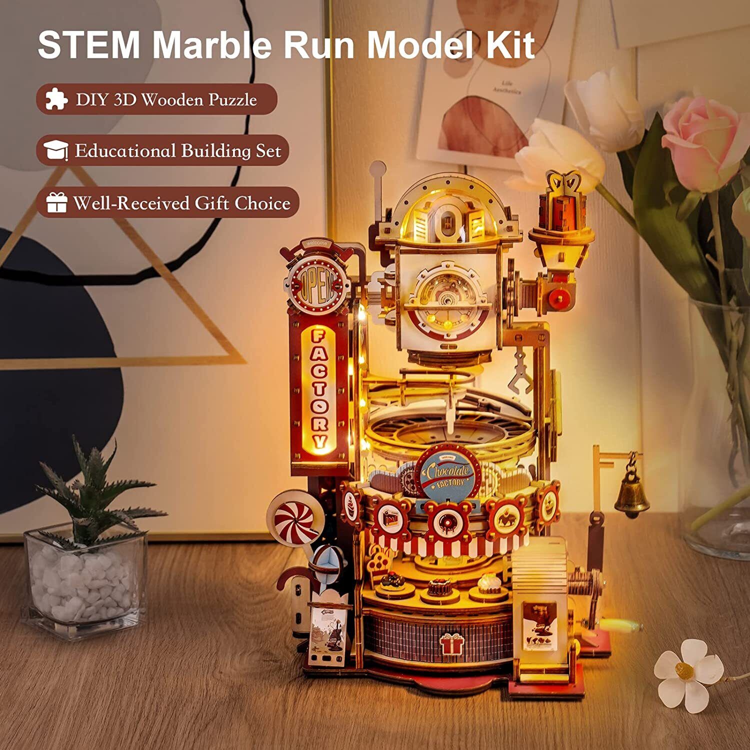 ROKR DIY Chocolate Factory 3D Wooden Puzzle Assembly Marble Run Jigsaw Gift