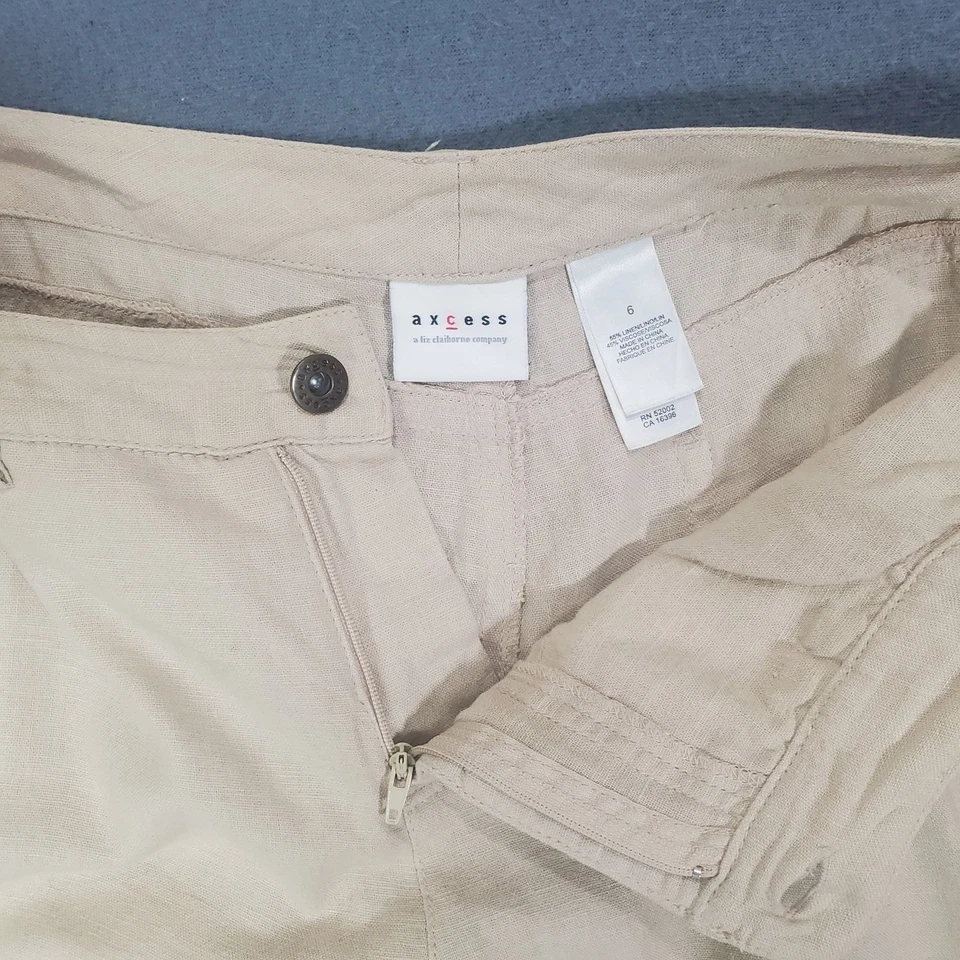 Pantalones AXCESS Mujer Talla 6 Lino Bolsillos Carga Safari Caqui Recortado Costa Playa Foto 3 de 4