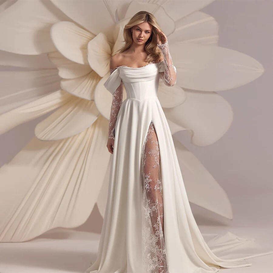 Elegant Satin A-Line Wedding Dress Strapless High Slit Lace Sleeves Bridal Gowns | eBay Elegant Satin A-Line Wedding Dress Strapless High Slit Lace Sleeves Bridal Gowns | eBay
