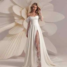 Elegant Satin A-Line Wedding Dress Strapless High Slit Lace Sleeves Bridal Gowns