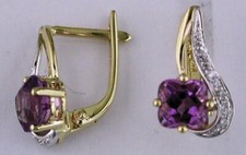2.34CT DIAMOND  AAA AMETHYST 14KT YELLOW GOLD CUSHION  ROUND HANGING EARRINGS