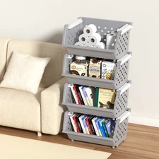 Cand Plastic Stackable Storage Bins - 4 Packs Grey Pantry Closet Organizer Bin