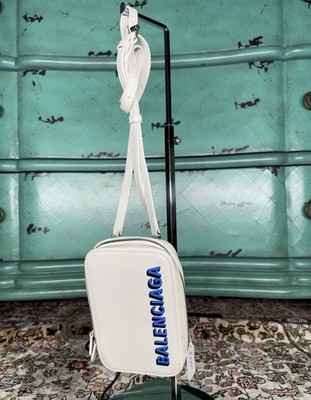 BALENCIAGA White Blue Logo Crossbody Bag Zip Closure Detachable Strap Small