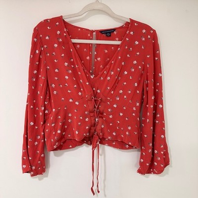 American Eagle Floral Lace Up Corset Blouse Women Small Red Bell Sleeve | Boho