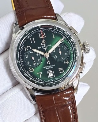 New Breitling Premier B01 Chrono 42 Green Dial Leather Men's Watch AB0145371L1P1