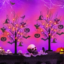 "2 Pack Halloween Tree, Black Tree with Orange Purple Bi-Color Led Lights 6 Func
