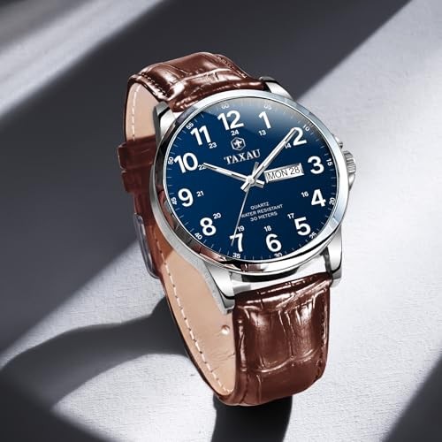 Men’s Dress Watches Waterproof Analog Leather Watch Blue Face Brown Band-G8409 - Picture 7 of 7