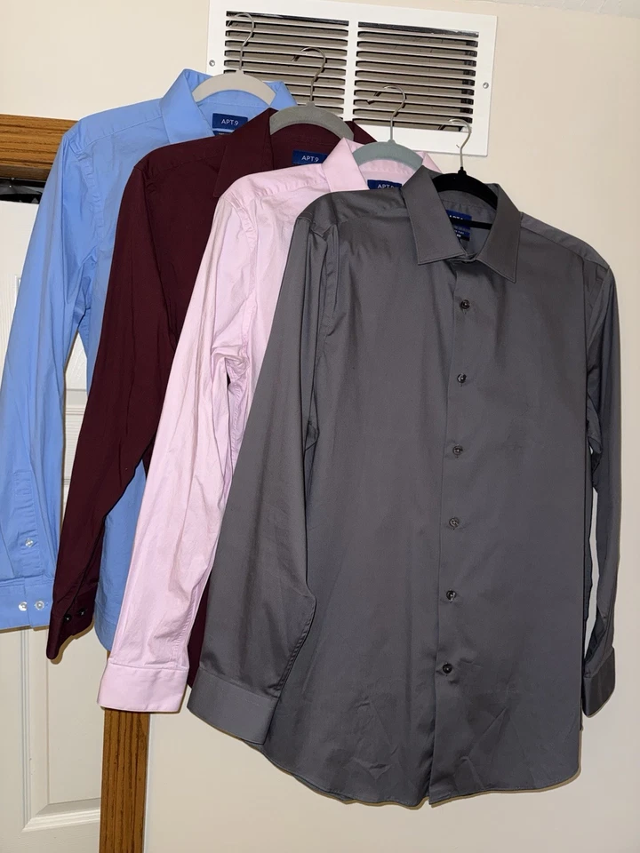 Lote de 4 camisas de vestir de manga larga mediana con botones calce ajustado APT.9 32/33 para hombre Foto 2 de 4