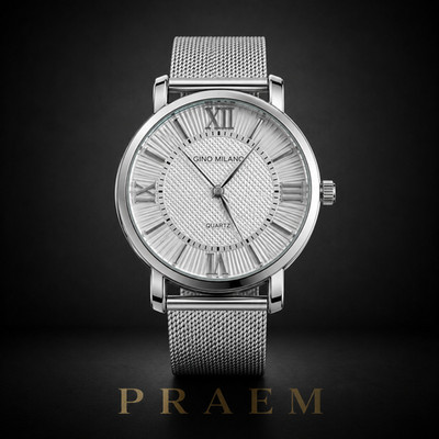 Gino Milan Silver Milanese Mesh Band Quartz Watch 45mm Modern Luxury Dress Watch