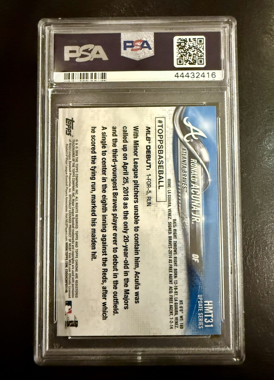 2018 TOPPS CHROME UPDATE ROOKIE DEBUT RONALD ACUNA JR #HMT31 PSA GEM MINT 10 view 3