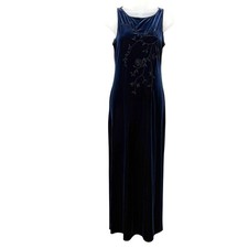 My Michelle Dress Womens 8 Blue Velvet Maxi Sleeveless Beaded Floral Formal USA