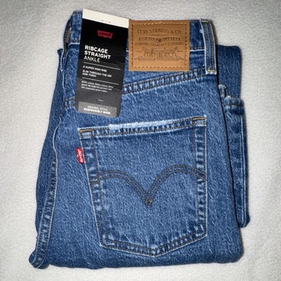 NWT Levis Premium Ribcage Straight Ankle Distressed Womens Blue Jeans Sz 27x29