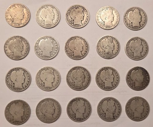 Lot of 20 1892-1915 US Barber Silver Half Dollars $10 FV Mixed Dates and Mints