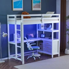 Twin Solid Wood Loft Bed L-Shaped Desk 3 Drawers Space-Saving Bunk Bed LED Light