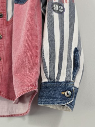 Vintage 1990s Urban Active Denim Longsleeve Button Up Shirt Color Block Kids 7 - Picture 13 of 14