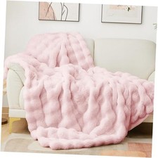 Pink Faux Fur Throw Blanket for Couch Bubble Cute Soft Warm Comforter Thick