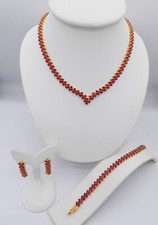 Set Ruby Thai Baht Yellow Gold Plated Women Necklace Bracelet Earrings Jewelry
