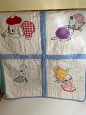 Vintage Hand-made Embroidered Baby Animal Quilt Dog Cat Elephant Bird 19" x 21"