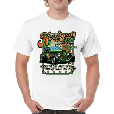 Hooligans Irish Speed Shop St Patricks Day T-shirt Hot Rod Shamrock Men's Tee