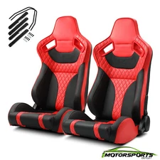 Universal PVC Reclinable Black+Red Sport Racing Seats Pair With Slider