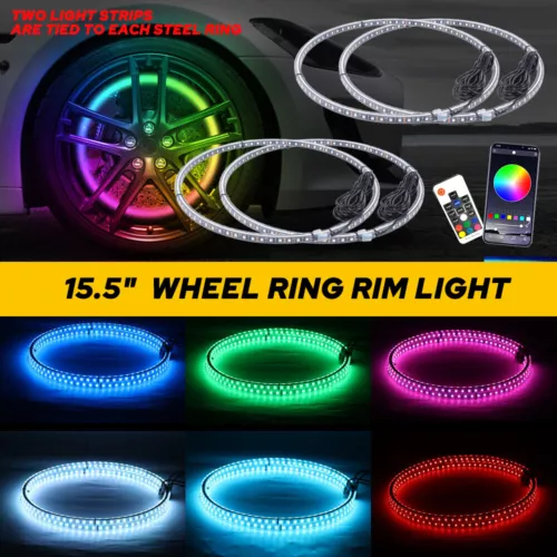 15.5" Double Row LED Wheel Ring Lights Color RGB Rim Lights Bluetooth APP+Remote