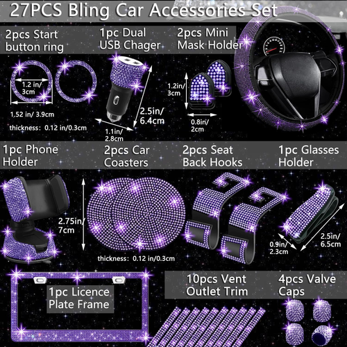 27-teiliges Damen Autozubehör Set - Bling Lenkradbezüge, Nummernschild - Bild 2 von 12