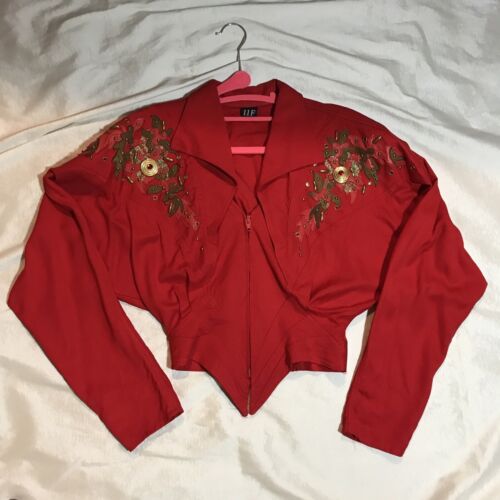 Vintage 80er IIF Rocker geblendete Jacke XS rote Couture, ähnlich Thierry Mugler - Bild 1 von 12