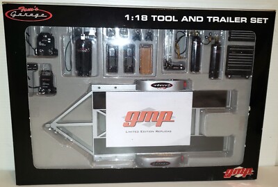 (NEW OPEN BOX!) TOM'S GARAGE GMP TOOL AND TRAILER SET 1:18 DIECAST METAL TOMS
